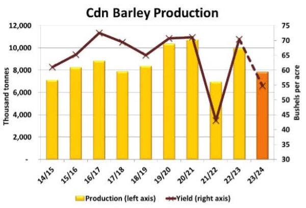 Statistics Canada’s latest production estimate projected the Canadian barley crop at 7.84 mln tonnes, down modestly from their initial estimate. The estimate was produced using model-based data with information to the end of August. Both provincial yield estimates and farmer reports suggest the final crop will likely be larger than this latest figure.