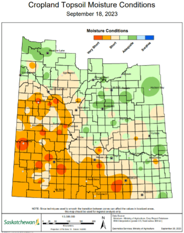 Source: Saskatchewan Agriculture, Weekly Crop Report, September 21st, 2023
A good portion of Saskatchewan has low topsoil moisture conditions going into the end of the growing season. While farmers would like to avoid any meaningful rainfall until harvest is complete and fall fieldwork is done, this may be an early risk to 2024 production, depending on winter snowfall and rain next spring.